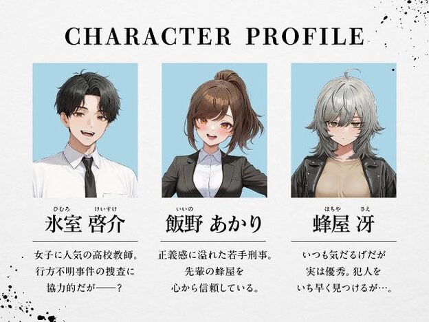 氷室啓介、飯野あかり、蜂屋冴の顔とプロフィールが並んでいる。