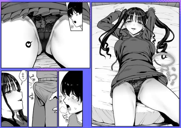 ベッドに横たわった櫻井ナナが余裕のある表情で深田を見つめ、さらに距離を縮めようとする場面。二次元にしか興味がなかった深田の態度が変化していく。